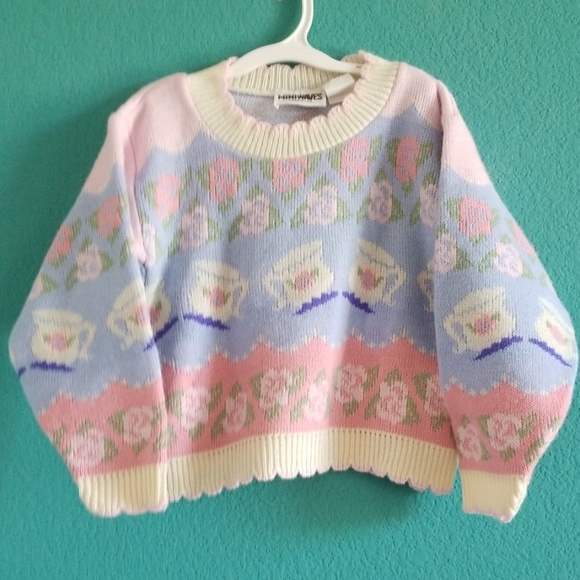 Miniwaves Vintage Tea & Flower Knit Kids Sweater - Picture 1 of 8